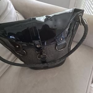 Black patent bucket bag